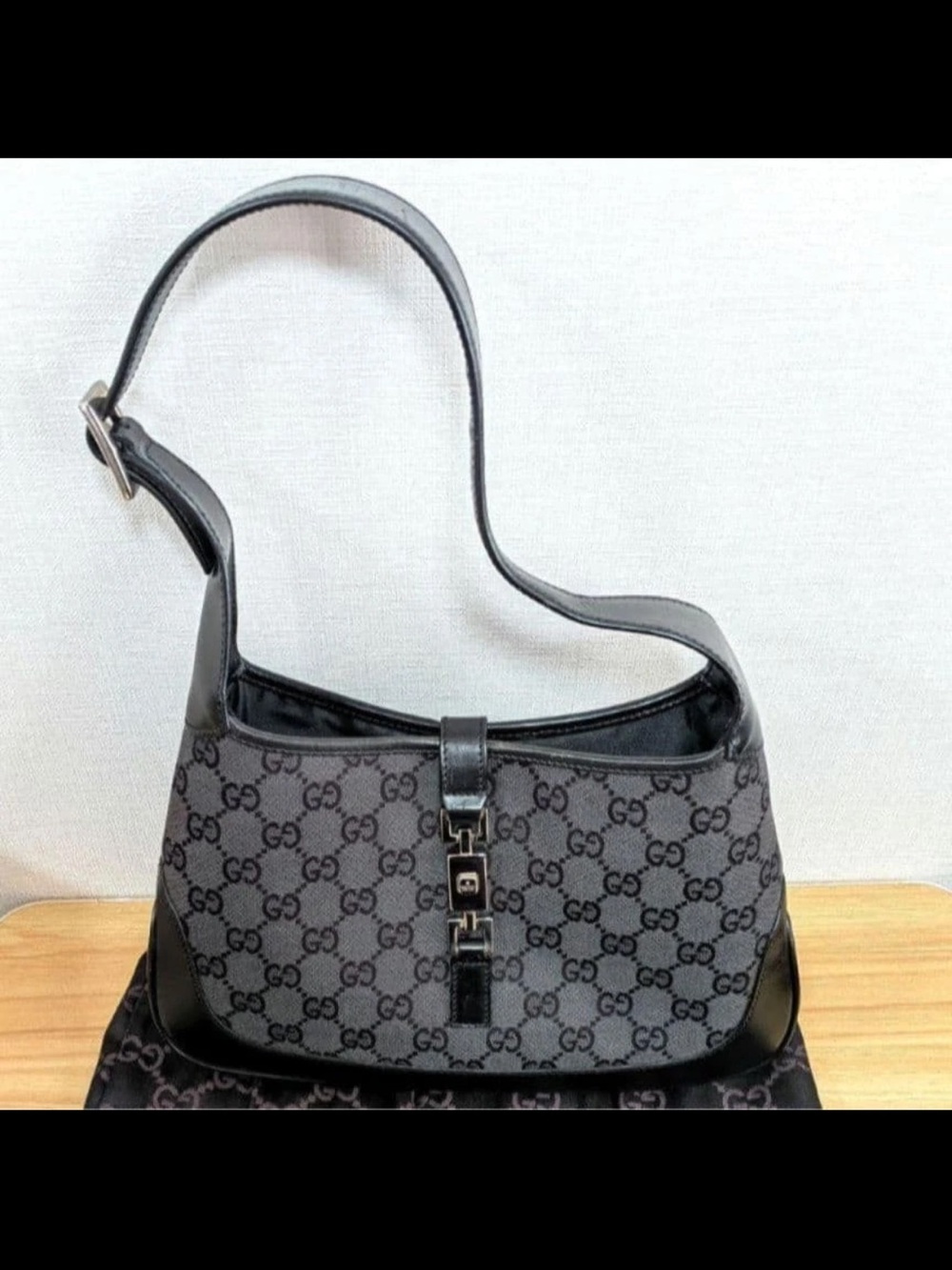 Gucci Black GG Monogram Shoulder Bag with Leather Trim